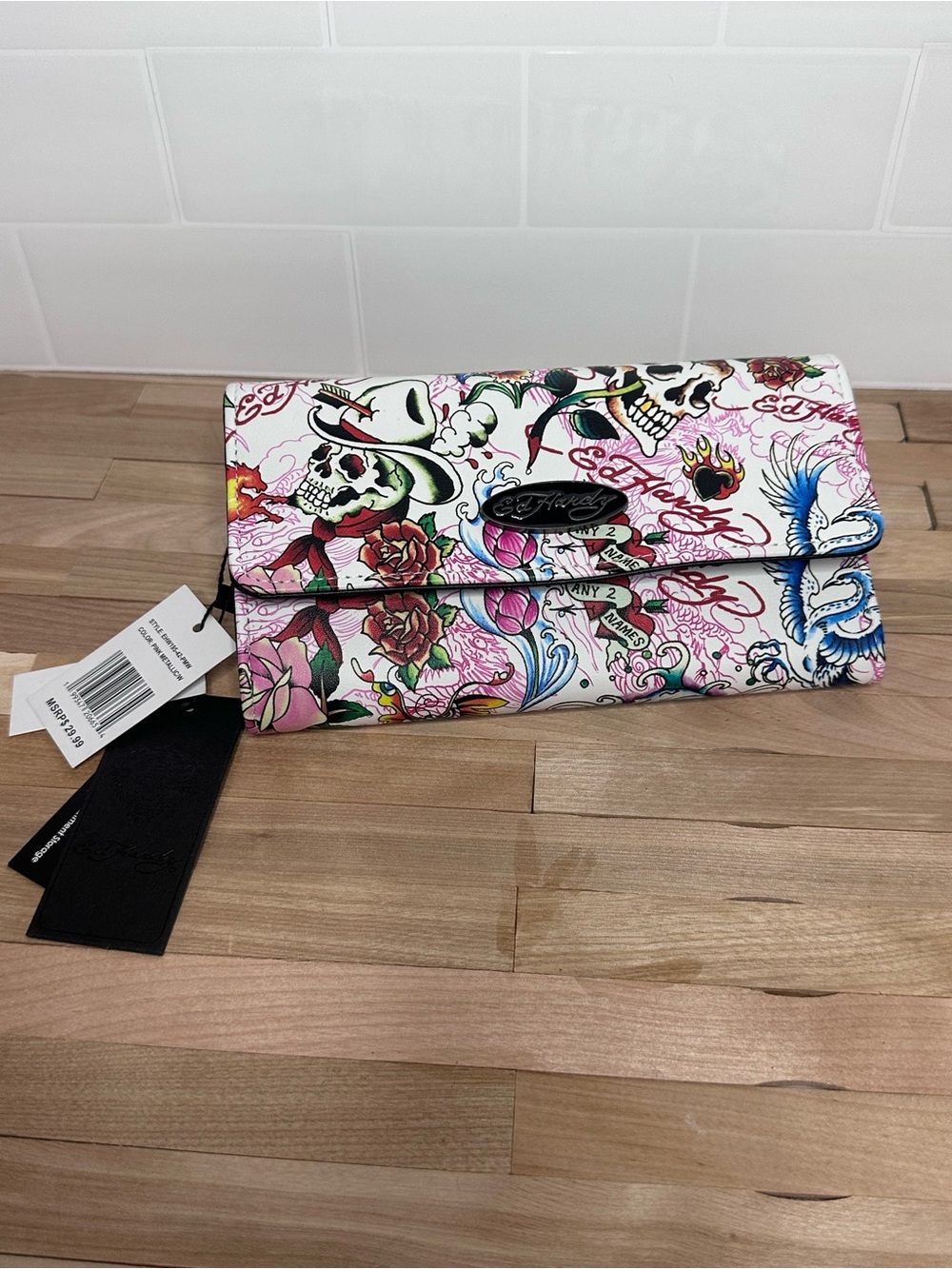 Ed Hardy White Multi Tattoo-Print Fold-Over Clutch